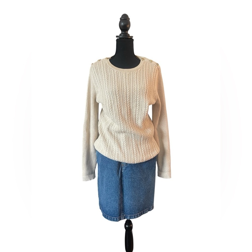 Charter Club Gold-Button Cable Knit Metallic Sweater Cotton-Blend BeigeTan Women